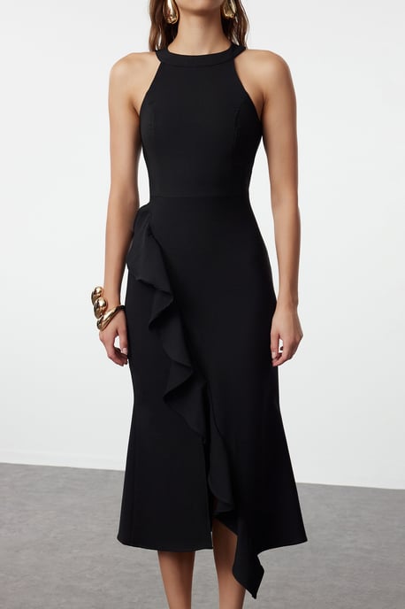 TRENDYOLMİLLA Women's Black Plain Midi Sleeveless Stylish/Night Asymmetric Dresses - Image 3