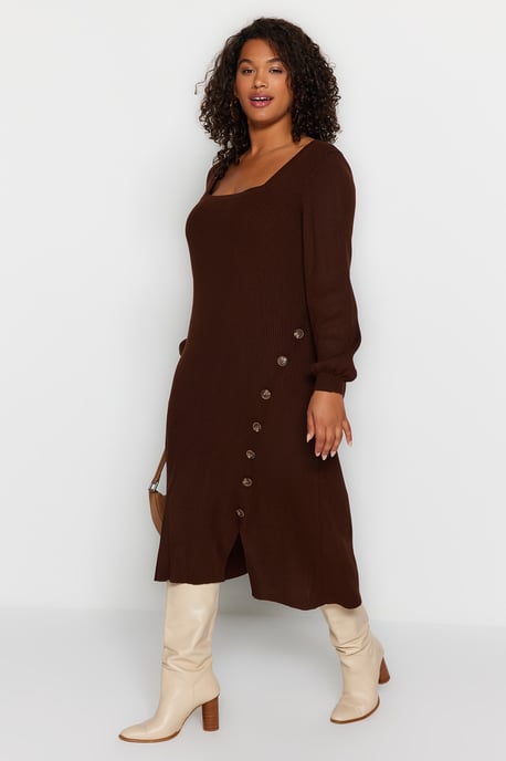 Trendyol Curve Dam Brun Enfärgad Midi Lång Casual Bodycon Plus size Klänning - Image 6