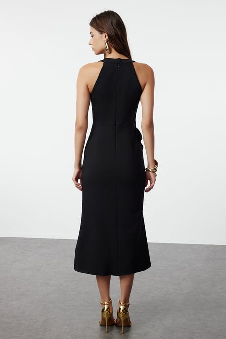 TRENDYOLMİLLA Women's Black Plain Midi Sleeveless Stylish/Night Asymmetric Dresses - Image 4