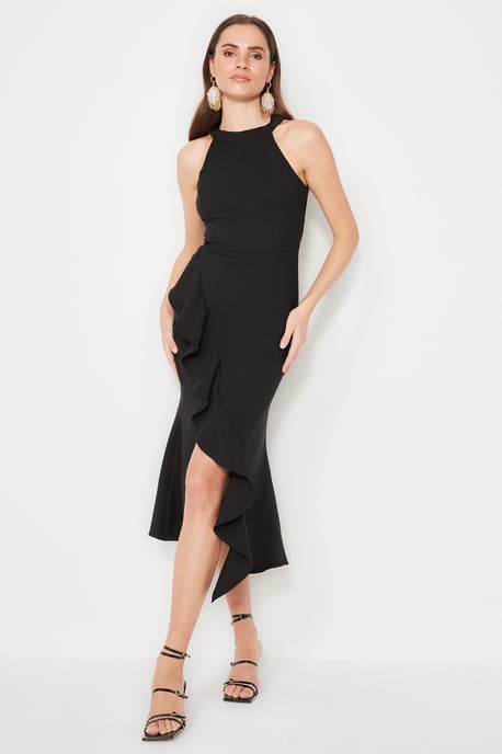 TRENDYOLMİLLA Women's Black Plain Midi Sleeveless Stylish/Night Asymmetric Dresses - Image 5