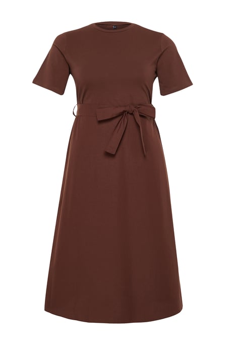 Trendyol Curve Dames Bruin Effen Midi Kort Casual A-lijn Grote maten Jurk - Image 5