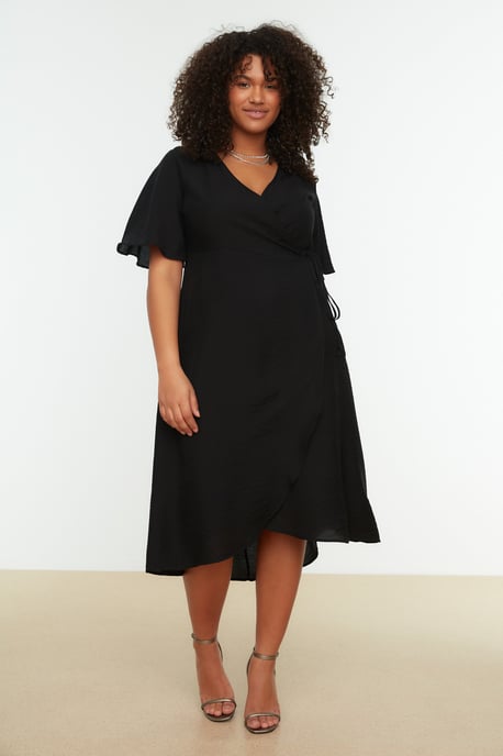 Trendyol Curve Dam Svart Enfärgad Midi Kort Casual A-linje Plus size Klänning - Image 3