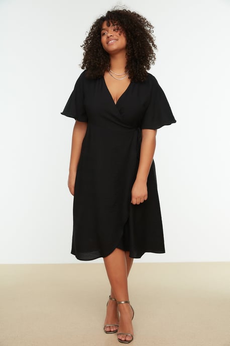 Trendyol Curve Dam Svart Enfärgad Midi Kort Casual A-linje Plus size Klänning - Image 6