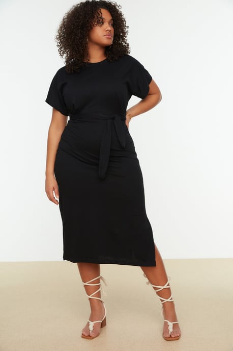 Trendyol Curve Dam Svart Enfärgad Midi Kort Casual Rak Plus size Klänning - Image 2