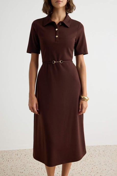 TRENDYOLMİLLA Dames Bruin Effen Midi Kort Casual A-lijn Jurken - Image 2