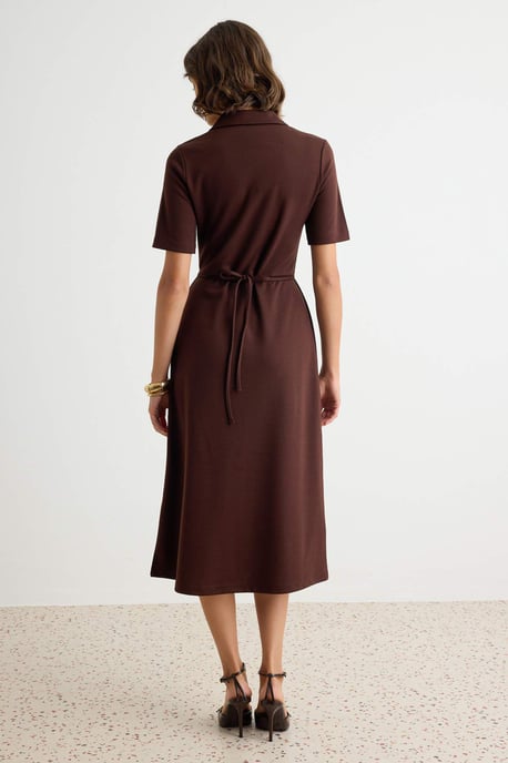 TRENDYOLMİLLA Dames Bruin Effen Midi Kort Casual A-lijn Jurken - Image 3