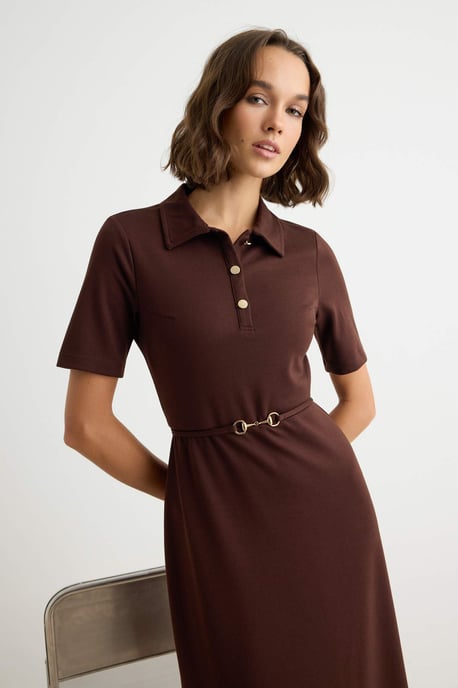 TRENDYOLMİLLA Dames Bruin Effen Midi Kort Casual A-lijn Jurken - Image 4