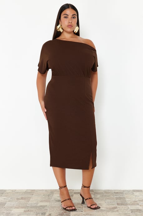 Trendyol Curve Dam Brun Enfärgad Midi Kort Fest Bodycon Plus size Klänning - Image 5