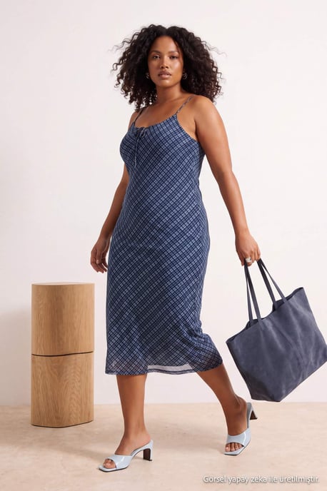 Trendyol Curve Dam Blå Rutig Midi Ärmlös Casual A-linje Plus size Klänning - Image 3
