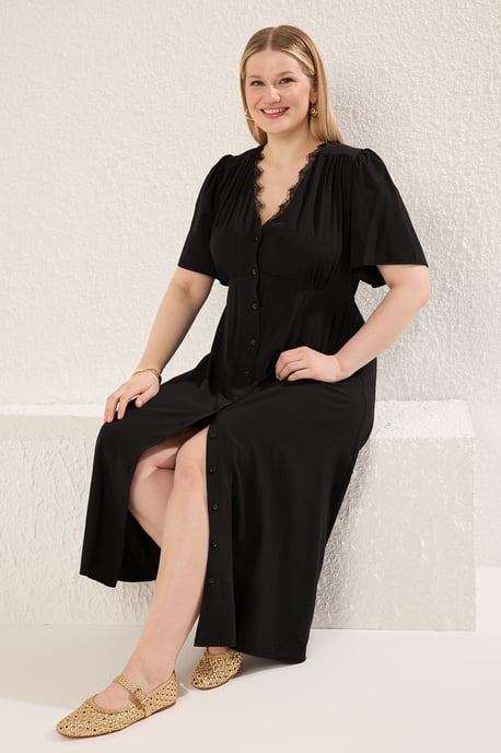Trendyol Curve Dam Svart Enfärgad Midi Kort Casual A-linje Plus size Klänning - Image 5