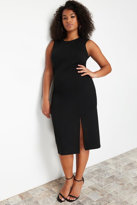 Trendyol Curve Dam Svart Enfärgad Midi Ärmlös Casual Bodycon Plus size Klänning - Image 2
