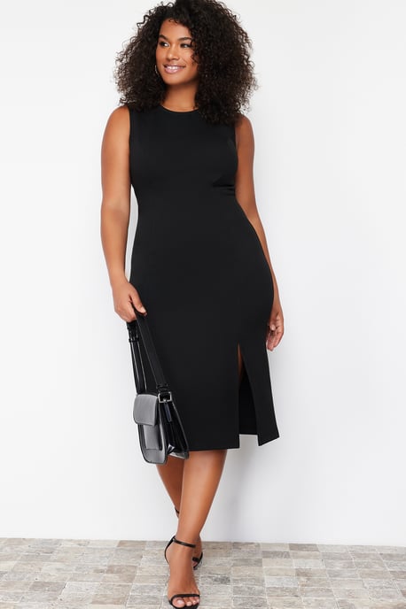 Trendyol Curve Dam Svart Enfärgad Midi Ärmlös Casual Bodycon Plus size Klänning - Image 6