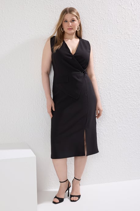 Trendyol Curve Dam Svart Enfärgad Midi Ärmlös Business Kavaj Klänning Plus size Klänning - Image 5