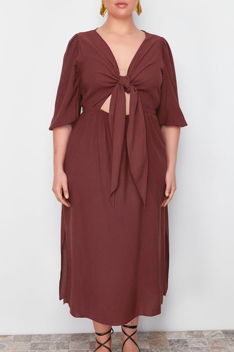 Trendyol Curve Dam Brun Enfärgad Midi Trekvartsärm Casual A-linje Plus size Klänning - Image 4
