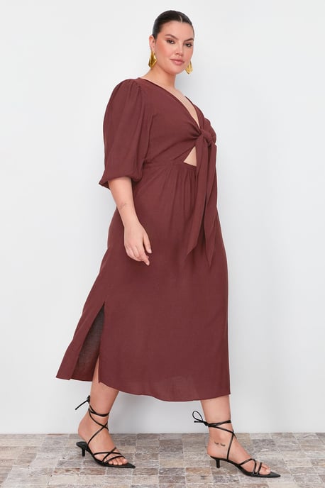 Trendyol Curve Dam Brun Enfärgad Midi Trekvartsärm Casual A-linje Plus size Klänning - Image 6