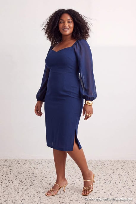 Trendyol Curve Dam Blå Enfärgad Midi Lång Elegant/Kväll Bodycon Plus size Klänning - Image 1