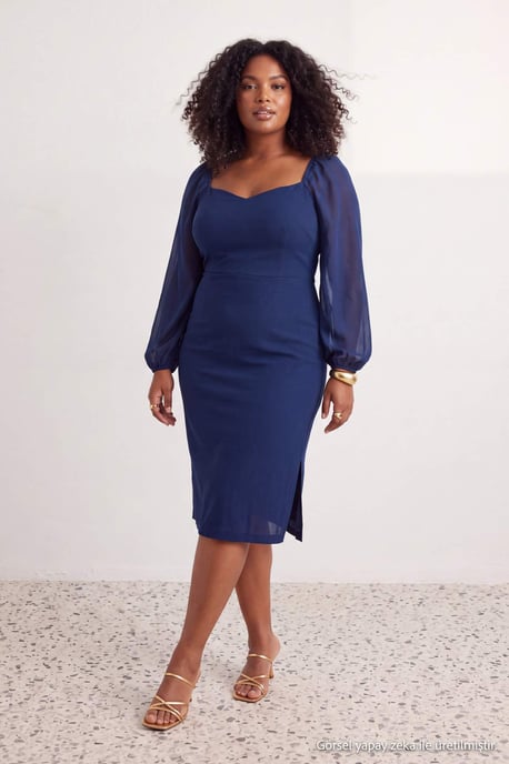 Trendyol Curve Dam Blå Enfärgad Midi Lång Elegant/Kväll Bodycon Plus size Klänning - Image 2