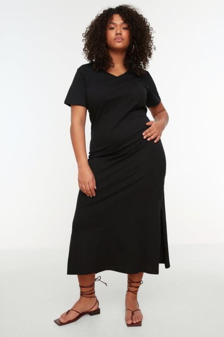 Trendyol Curve Dam Svart Enfärgad Midi Kort Casual Rak Plus size Klänning - Image 6