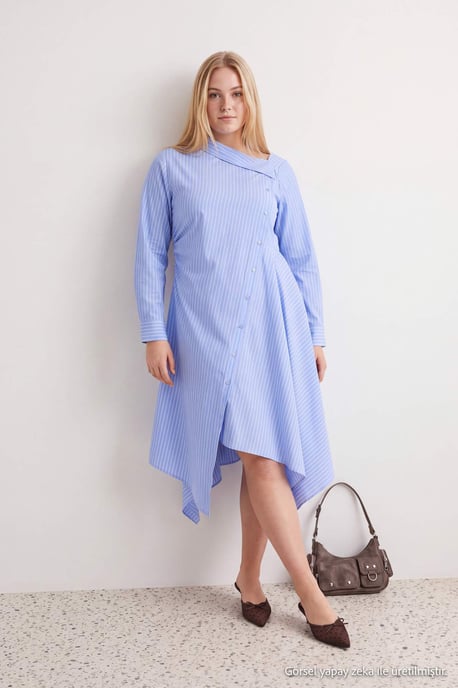 Trendyol Curve Dam Blå Randig Midi Lång A-linje Plus size Klänning - Image 2