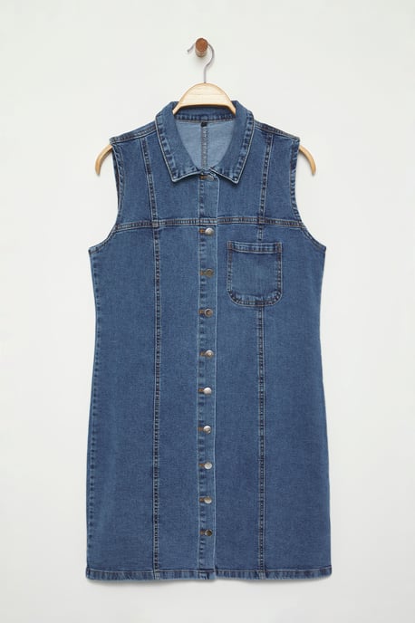 Trendyol Curve Dam Blå Enfärgad Kort / Mini Ärmlös Casual Rak Plus size Klänning - Image 4