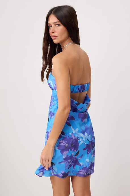 TRENDYOLMİLLA Women's Blue Floral Short / Mini Sleeveless Bodycon Dresses - Image 3