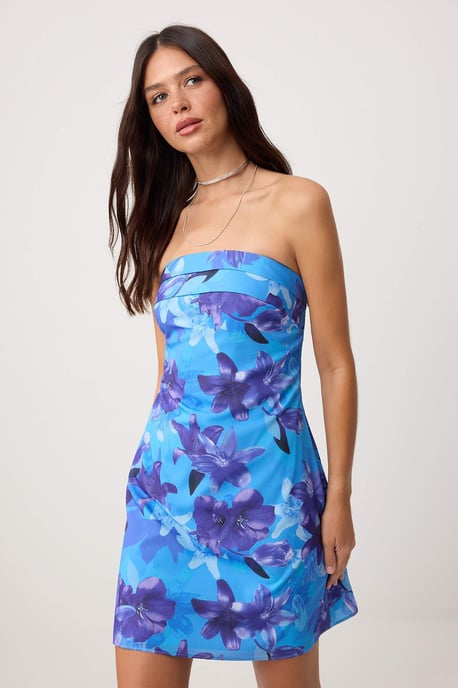 TRENDYOLMİLLA Women's Blue Floral Short / Mini Sleeveless Bodycon Dresses - Image 4