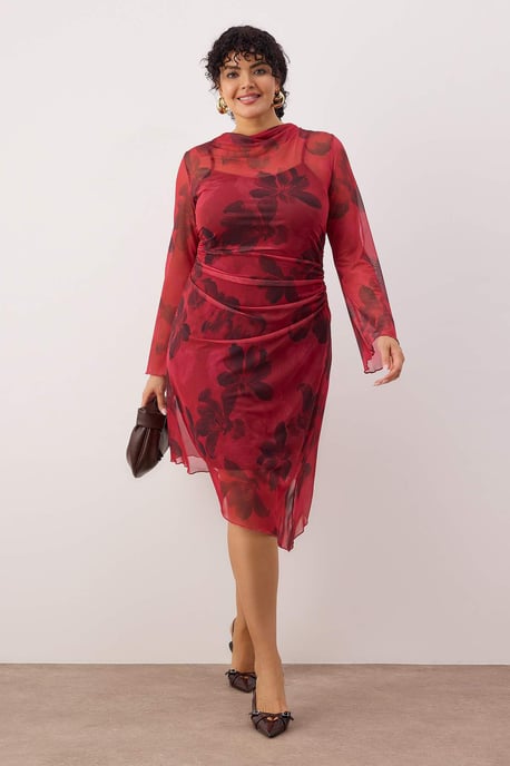 Trendyol Curve Dam Röd Blommig Kort / Mini Lång Casual A-linje Plus size Klänning - Image 6