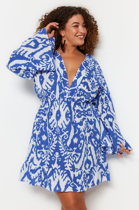 Trendyol Curve Dam Blå Etniskt mönster Kort / Mini Lång Strandkläder Skater Plus size Klänning - Image 1