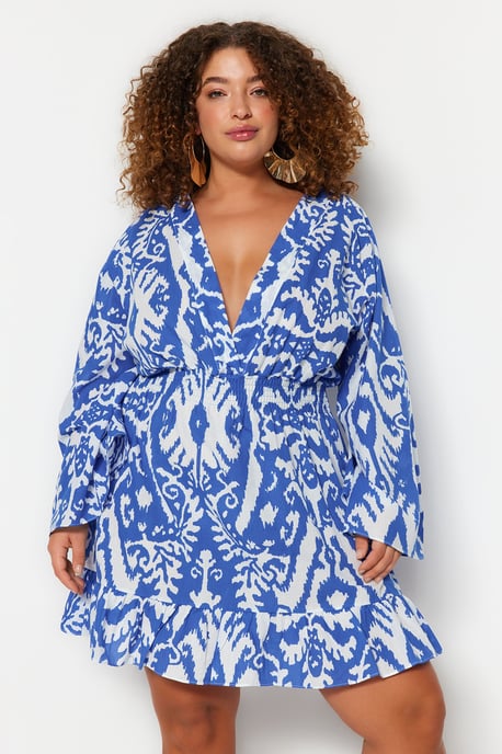 Trendyol Curve Dam Blå Etniskt mönster Kort / Mini Lång Strandkläder Skater Plus size Klänning - Image 2