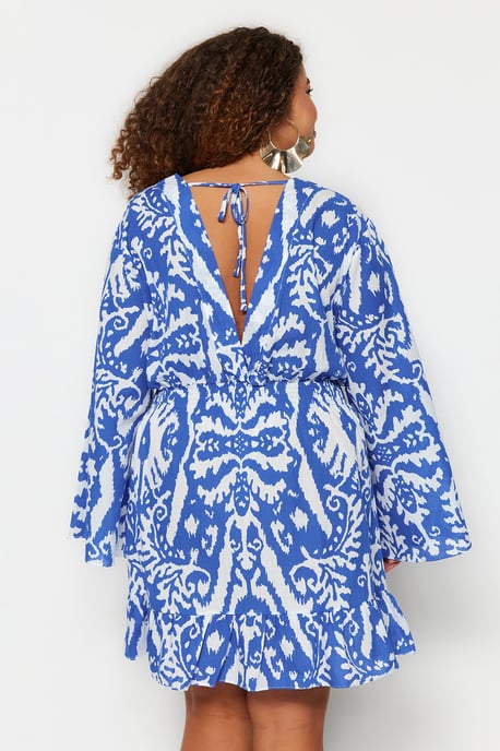 Trendyol Curve Dam Blå Etniskt mönster Kort / Mini Lång Strandkläder Skater Plus size Klänning - Image 4