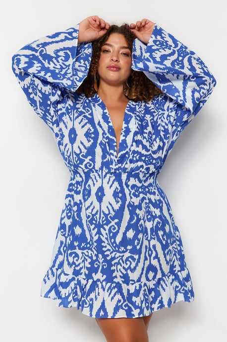 Trendyol Curve Dam Blå Etniskt mönster Kort / Mini Lång Strandkläder Skater Plus size Klänning - Image 6