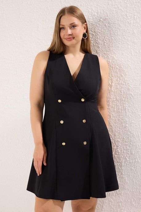 Trendyol Curve Dam Svart Enfärgad Kort / Mini Ärmlös Business Kavaj Klänning Plus size Klänning - Image 6