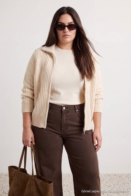 Trendyol Curve Dames Beige Effen Lang Regular fit Grote maten Vesten - Image 1