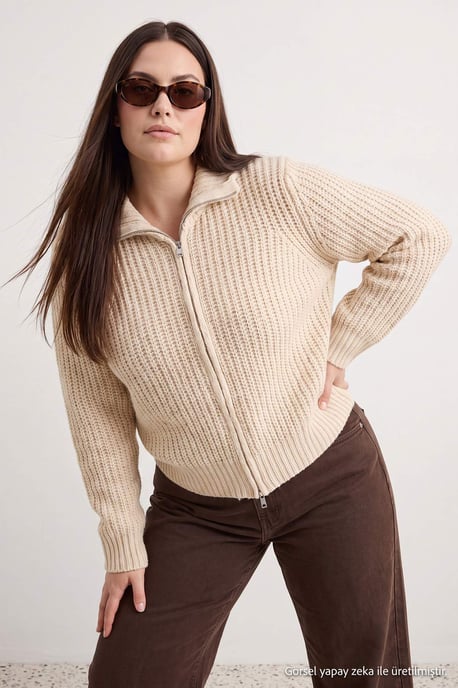 Trendyol Curve Dames Beige Effen Lang Regular fit Grote maten Vesten - Image 2
