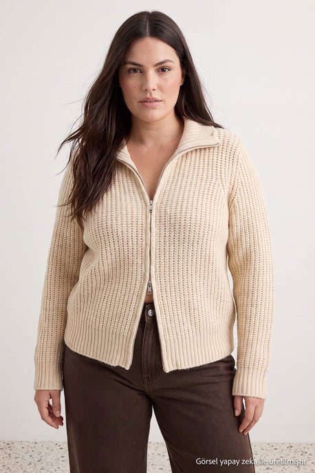 Trendyol Curve Dames Beige Effen Lang Regular fit Grote maten Vesten - Image 3