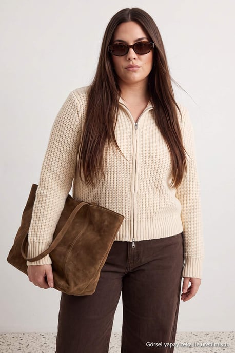 Trendyol Curve Dames Beige Effen Lang Regular fit Grote maten Vesten - Image 4