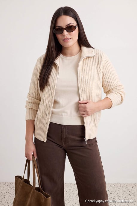 Trendyol Curve Dames Beige Effen Lang Regular fit Grote maten Vesten - Image 6