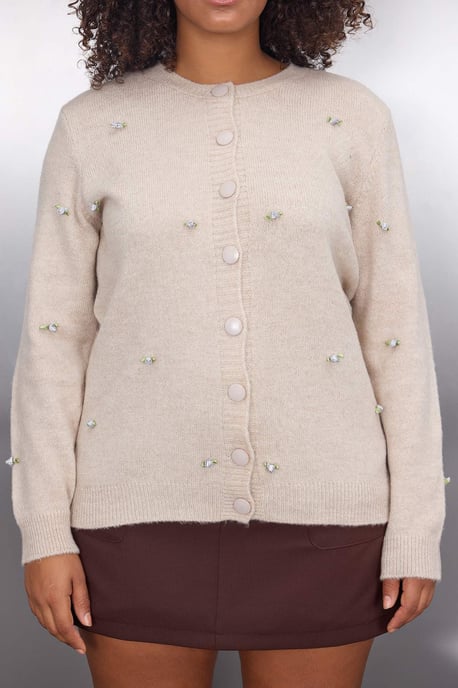 Trendyol Curve Dam Beige Blommig Lång Regular fit Plus size Koftor - Image 2
