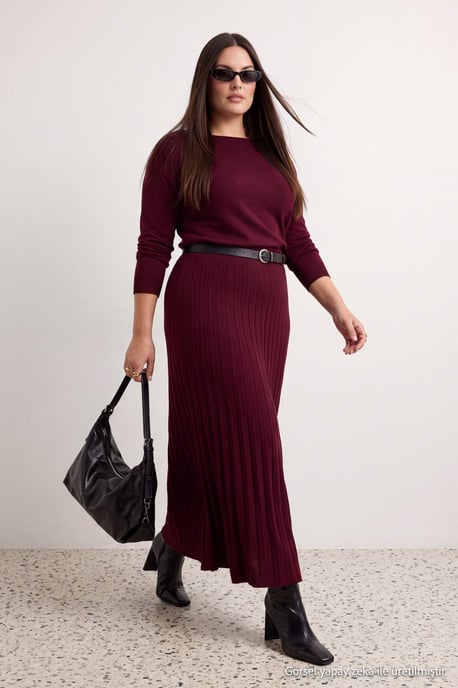 Trendyol Curve Dam Vinröd Enfärgad Maxi Lång Kväll / Vardag A-linje Plus size Klänning - Image 2