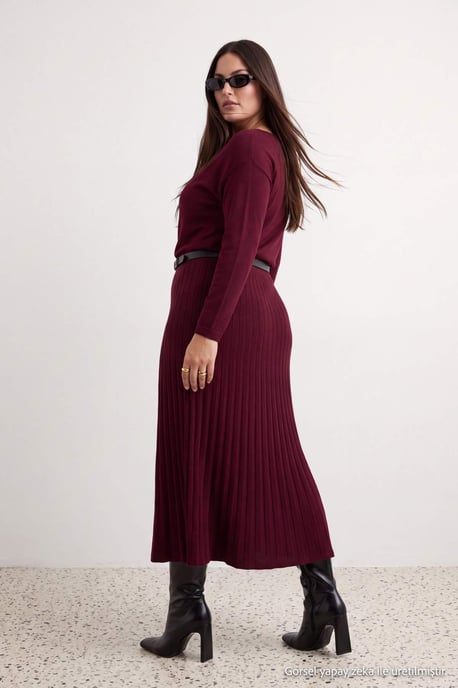 Trendyol Curve Dam Vinröd Enfärgad Maxi Lång Kväll / Vardag A-linje Plus size Klänning - Image 3