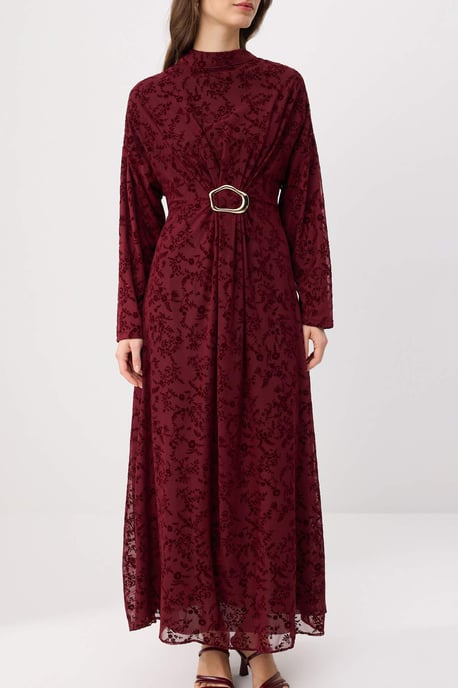 Trendyol Modest Dames Bordeaux Bloemen Maxi Lang A-lijn Modest Avond Jurken - Image 2