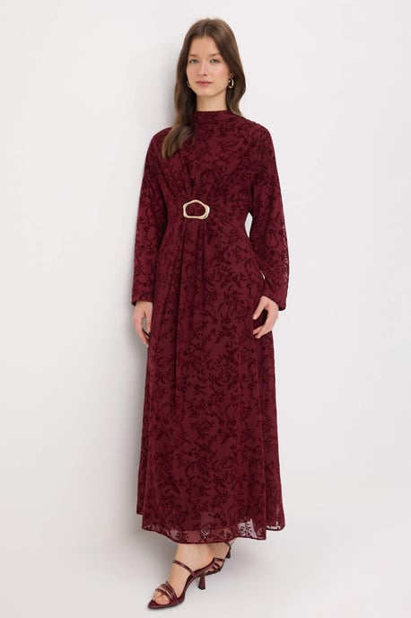 Trendyol Modest Dames Bordeaux Bloemen Maxi Lang A-lijn Modest Avond Jurken - Image 4