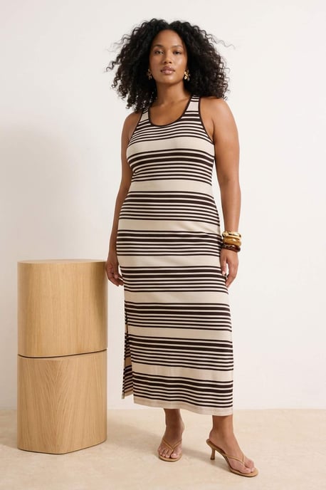 Trendyol Curve Dam Vinröd Randig Maxi Ärmlös Casual Rak Plus size Klänning - Image 6