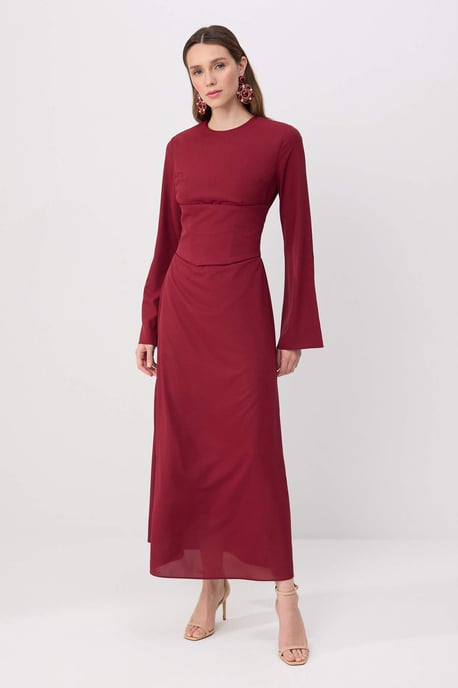Trendyol Modest Women's Burgundy Plain Maxi Long Stylish/Night Skater Modest Evening Dresses - Image 1