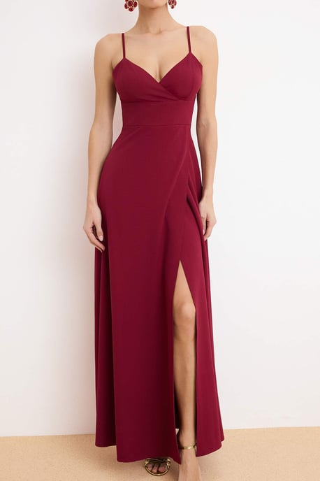 TRENDYOLMİLLA Dames Bordeaux Effen Maxi Mouwloos Diploma-uitreiking / Gala Double-breasted Avond & Gala Jurk - Image 2