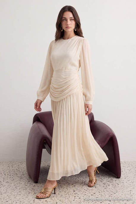 Trendyol Modest Dames Ecru Effen Maxi Lang Stijlvol/Avond Skater Modest Avond Jurken - Image 1