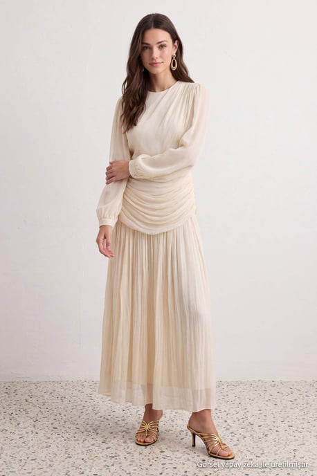 Trendyol Modest Dames Ecru Effen Maxi Lang Stijlvol/Avond Skater Modest Avond Jurken - Image 2