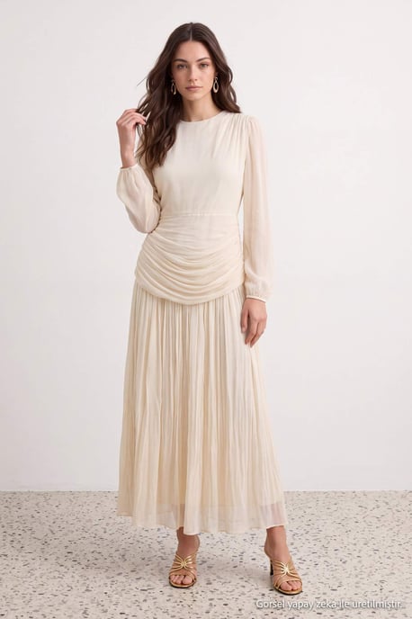 Trendyol Modest Dames Ecru Effen Maxi Lang Stijlvol/Avond Skater Modest Avond Jurken - Image 6