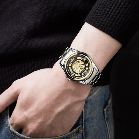 Hand Assembled Anthony James Skeleton Automatic Two Tone Gold & Steel Mens Watch - Image 3