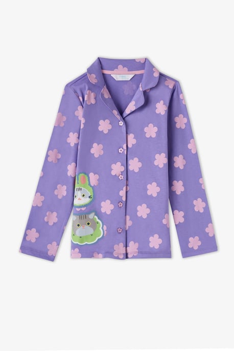 Girls' Feel Better Cat Print Cotton Buttoned Long Sleeve Shirt Trousers Pajama Set - Image 2